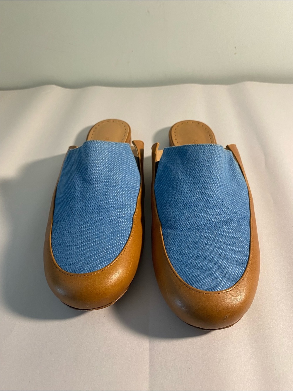 Alexa Wagner Women’s Blue Canvas and Tan Slip-On Mules